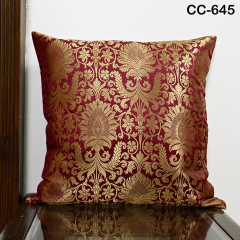 Maroon Gold Brocade Pillow Cover: Indian Floral Silk Cushion