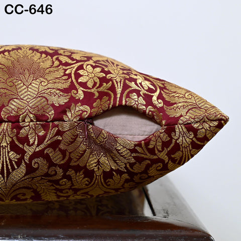 Maroon & Gold Brocade Pillow Cover: Indian Silk Floral Cushion