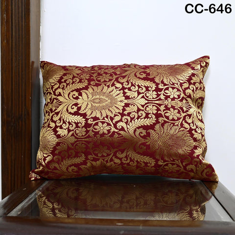 Maroon & Gold Brocade Pillow Cover: Indian Silk Floral Cushion