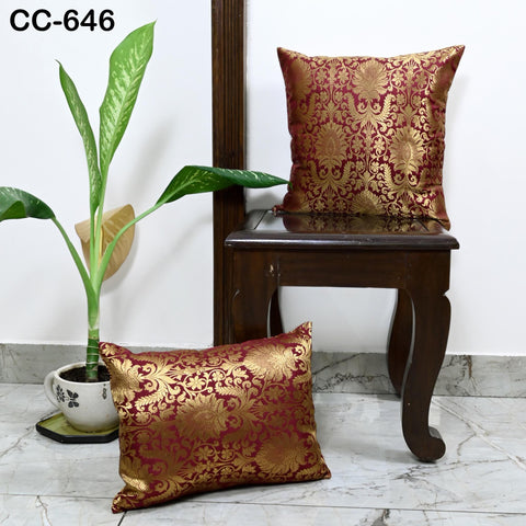 Maroon & Gold Brocade Pillow Cover: Indian Silk Floral Cushion