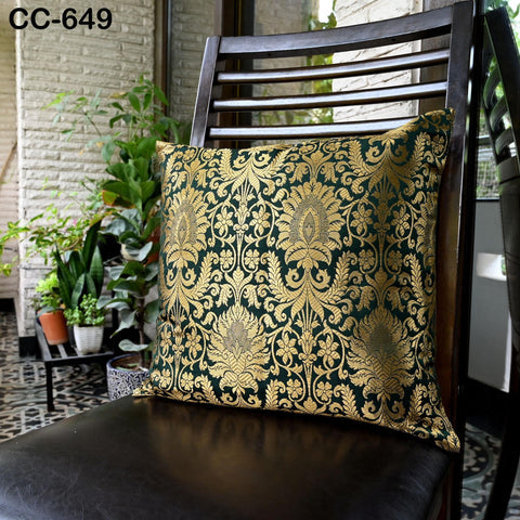 Green & Gold Brocade Pillow Cover: Luxury Silk Floral Cushion - Indian Decor