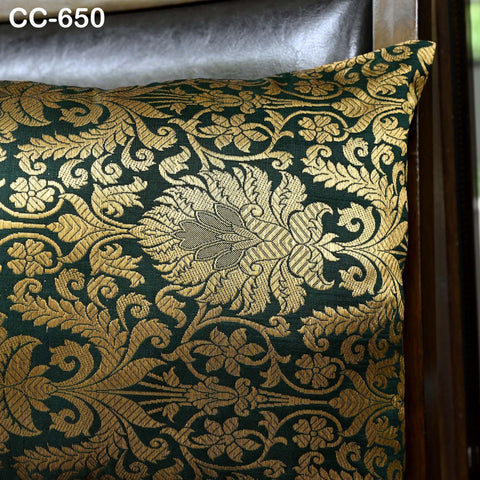 Luxury jacquard pillow with metallic gold floral pattern on green fabric