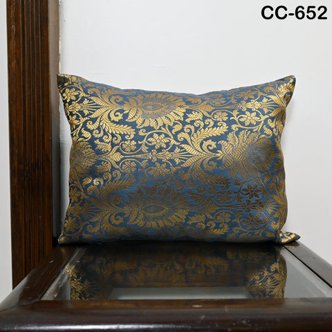Grey & Gold Brocade Pillow Cover: Indian Floral Silk Accent Pillow