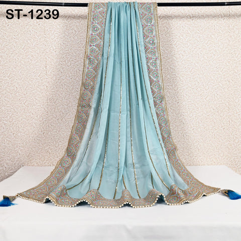 Sky Blue Dupatta Handcrafted Chiffon Indian Bridal Wedding lehenga Heavy Chunni Veil Gota Patti Sequin Scarf Dress Gift Her Bridesmaid