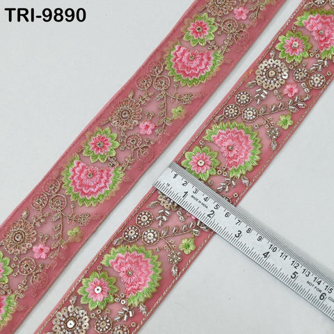 9 Yard Pink Embroidery Ribbon Beaded Trims Sari Border DIY Craft Lampshade Regency Reticules Victorian Handbags Junk Journal 5cm Indian