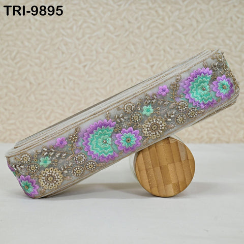 9 Yard Lavender Embroidery Ribbon Beaded Trims Sari Border DIY Craft Lampshade Regency Reticules Victorian Handbags Junk Journal 6cm Indian