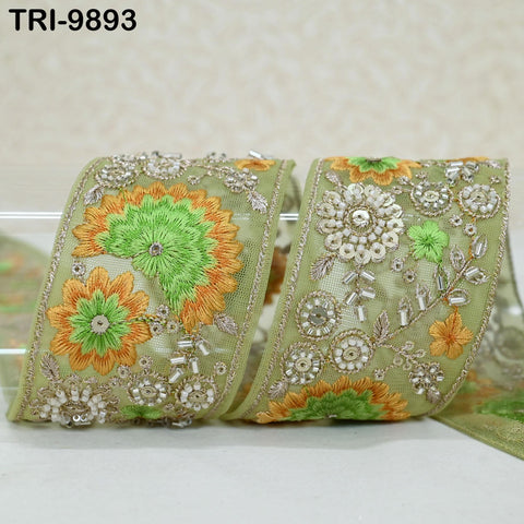 9 Yard Green Regency Reticules Victorian Handbags Junk Journal 6cm Indian Embroidery Ribbon Beaded Trims Sari Border DIY Craft Lampshade
