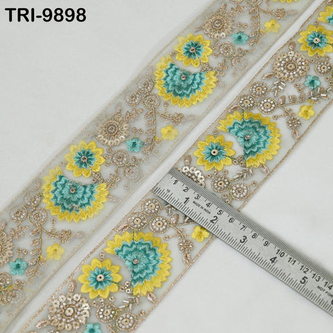 9 Yard Yellow Embroidery Ribbon Beaded Trims Sari Border DIY Craft Lampshade Regency Reticules Victorian Handbags Junk Journal 6cm Indian