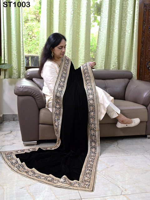 Black Velvet Dupatta Gold Zari Embroidery on edges, Tradition dupatta Chunni Bridal Veil Lehenga Embroidered Festival Punjabi Women Gift Mom