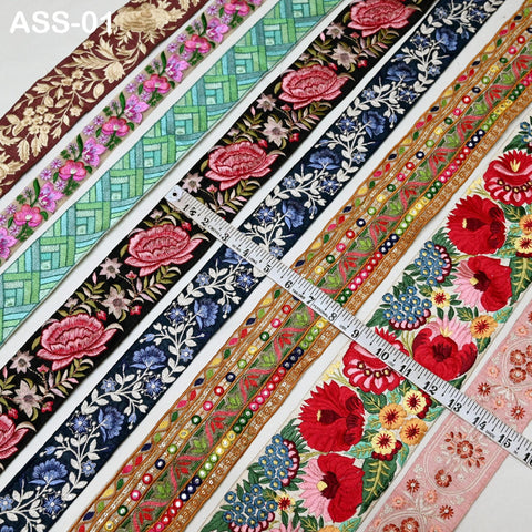 40 Pieces Assorted Bundle of Trim Scrap Indian Embroidered Saree Ribbon Sari Border Embellishments Trimmings Assorted Size Colors Design