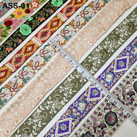 40 Pieces Assorted Bundle of Trim Scrap Indian Embroidered Saree Ribbon Sari Border Embellishments Trimmings Assorted Size Colors Design