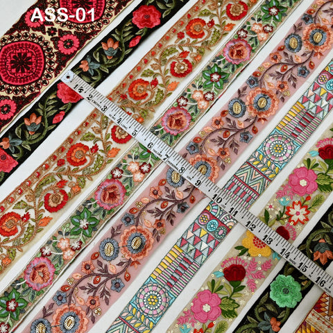 40 Pieces Assorted Bundle of Trim Scrap Indian Embroidered Saree Ribbon Sari Border Embellishments Trimmings Assorted Size Colors Design