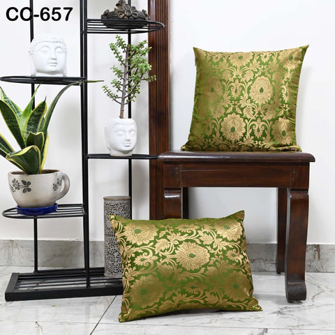 Green & Gold Brocade Cushion Cover – Luxury Silk Throw Pillow Case – Decorative Indian Brocade Sofa Pillow for Festive / Wedding Home Décor