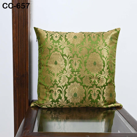 Green & Gold Brocade Cushion Cover – Luxury Silk Throw Pillow Case – Decorative Indian Brocade Sofa Pillow for Festive / Wedding Home Décor