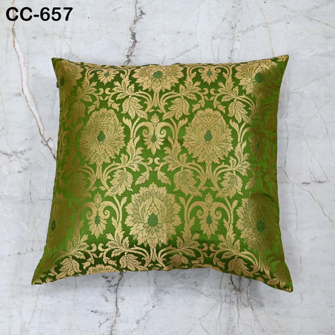 Green & Gold Brocade Cushion Cover – Luxury Silk Throw Pillow Case – Decorative Indian Brocade Sofa Pillow for Festive / Wedding Home Décor