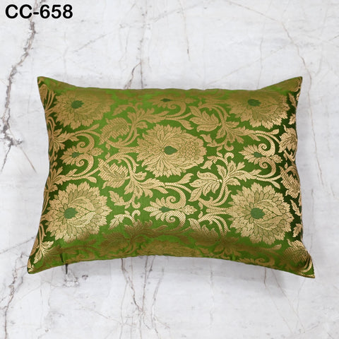 Green & Gold Brocade Silk Cushion Cover, Luxury Decorative Throw Pillow Case, Indian Brocade Floral Accent Pillow for Sofa, Bed Living Room