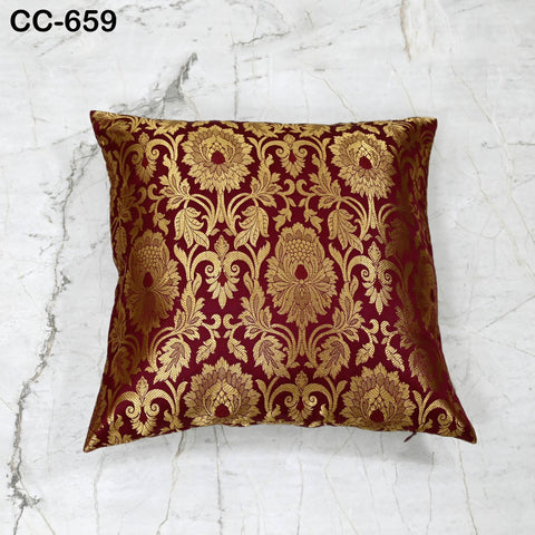 Maroon Gold Brocade Silk Cushion Cover – Luxury Decorative Throw Pillow Case – Indian Brocade Floral Pillow for Sofa Bed & Living Room Décor