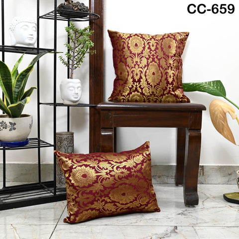Maroon Gold Brocade Silk Cushion Cover – Luxury Decorative Throw Pillow Case – Indian Brocade Floral Pillow for Sofa Bed & Living Room Décor
