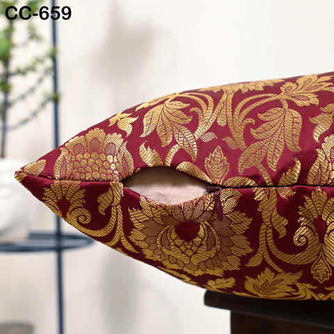 Maroon Gold Brocade Silk Cushion Cover – Luxury Decorative Throw Pillow Case – Indian Brocade Floral Pillow for Sofa Bed & Living Room Décor