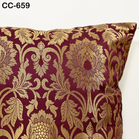 Maroon Gold Brocade Silk Cushion Cover – Luxury Decorative Throw Pillow Case – Indian Brocade Floral Pillow for Sofa Bed & Living Room Décor