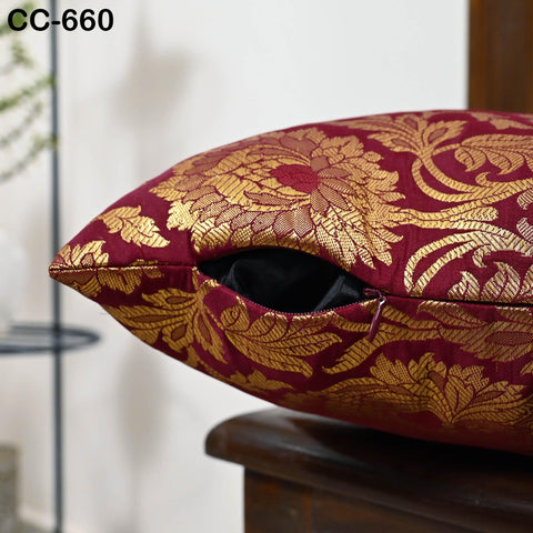 Maroon Gold Brocade Silk Cushion Cover, Luxury Decorative Throw Pillow Case, Indian Brocade Floral Accent Pillow for Sofa, Bed & Living Room