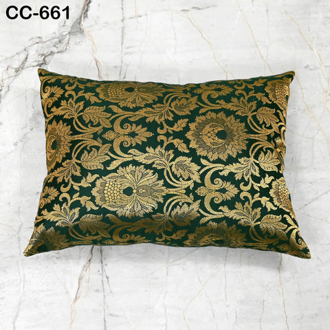 Brocade Silk Cushion Cover, Luxury Decorative Green & Gold Throw Pillow Case, Indian Brocade Floral Accent Pillow for Sofa, Bed Living Room