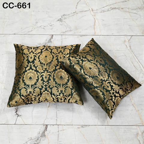 Brocade Silk Cushion Cover, Luxury Decorative Green & Gold Throw Pillow Case, Indian Brocade Floral Accent Pillow for Sofa, Bed Living Room