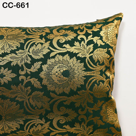 Brocade Silk Cushion Cover, Luxury Decorative Green & Gold Throw Pillow Case, Indian Brocade Floral Accent Pillow for Sofa, Bed Living Room