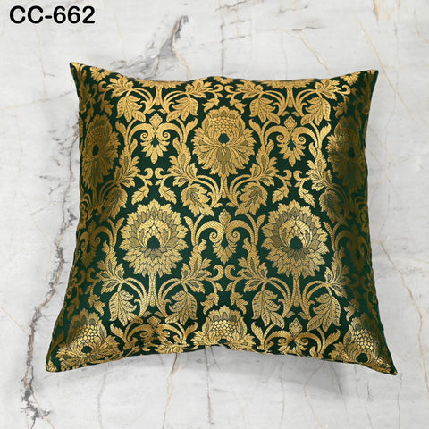 Green Brocade Cushion Cover – Luxury Silk Gold Throw Pillow Case – Decorative Indian Brocade Sofa Pillow for Festive / Wedding Home Décor
