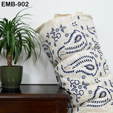 60'' Blue Indian Unbleached Cotton Embroidered Chennile Slub Fabric by the yard Sewing Crafting Jackets Bags Upholstery Bedcovers Quilting