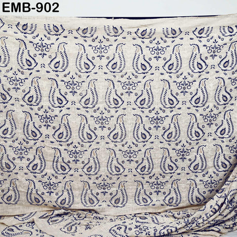 60'' Blue Indian Unbleached Cotton Embroidered Chennile Slub Fabric by the yard Sewing Crafting Jackets Bags Upholstery Bedcovers Quilting