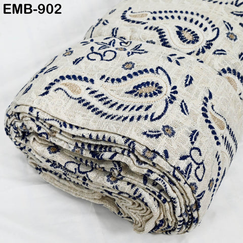 60'' Blue Indian Unbleached Cotton Embroidered Chennile Slub Fabric by the yard Sewing Crafting Jackets Bags Upholstery Bedcovers Quilting