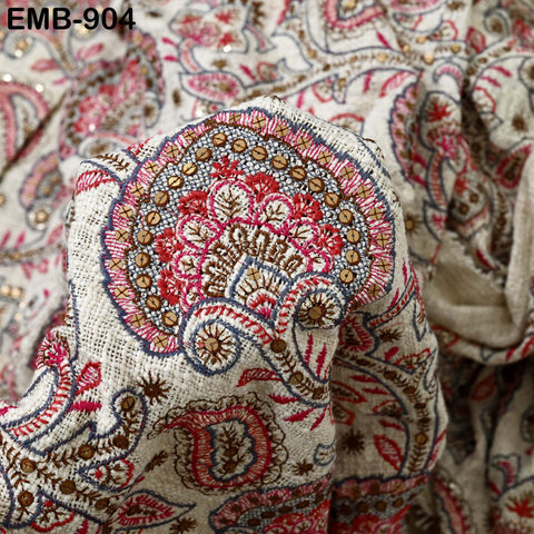 60'' Maroon Indian Unbleached Cotton Embroidered Chennile Slub Fabric by the yard Sewing Crafting Jackets Bags Upholstery Bedcovers Quilting