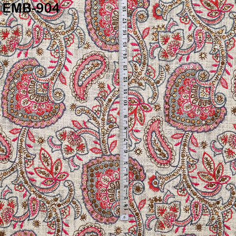 60'' Maroon Indian Unbleached Cotton Embroidered Chennile Slub Fabric by the yard Sewing Crafting Jackets Bags Upholstery Bedcovers Quilting