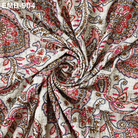 60'' Maroon Indian Unbleached Cotton Embroidered Chennile Slub Fabric by the yard Sewing Crafting Jackets Bags Upholstery Bedcovers Quilting