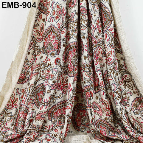 60'' Maroon Indian Unbleached Cotton Embroidered Chennile Slub Fabric by the yard Sewing Crafting Jackets Bags Upholstery Bedcovers Quilting