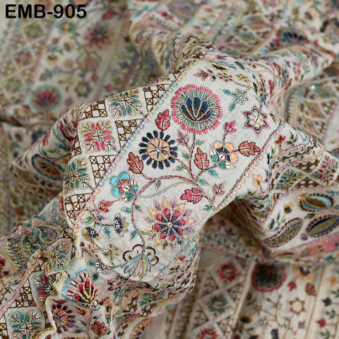 Beige Indian Embroidered Cotton Fabric by the Yard Flex Cotton Embroidery Summer Dresses Party Costumes Bags Table Runner Sewing Crafting