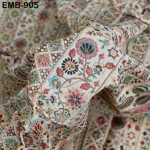 Beige Indian Embroidered Cotton Fabric by the Yard Flex Cotton Embroidery Summer Dresses Party Costumes Bags Table Runner Sewing Crafting