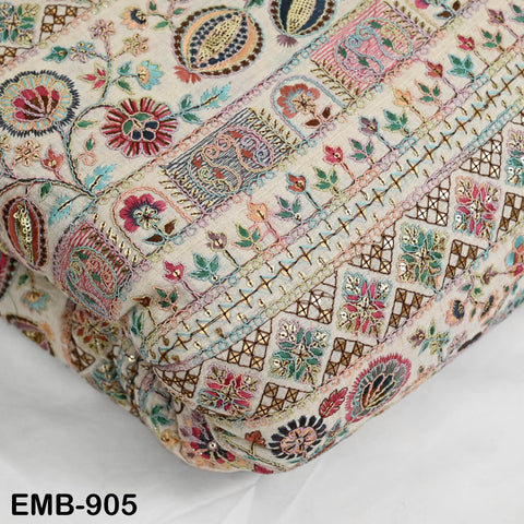 Beige Indian Embroidered Cotton Fabric by the Yard Flex Cotton Embroidery Summer Dresses Party Costumes Bags Table Runner Sewing Crafting