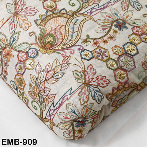 Beige Indian Embroidered Cotton Fabric by the Yard Flex Cotton Embroidery Summer Dresses Jackets Women Kids Bags Table Runner Sewing Craft