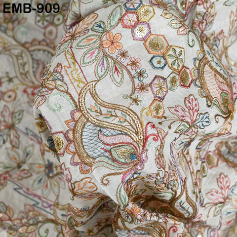 Beige Indian Embroidered Cotton Fabric by the Yard Flex Cotton Embroidery Summer Dresses Jackets Women Kids Bags Table Runner Sewing Craft