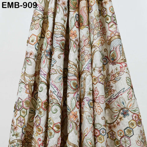 Beige Indian Embroidered Cotton Fabric by the Yard Flex Cotton Embroidery Summer Dresses Jackets Women Kids Bags Table Runner Sewing Craft