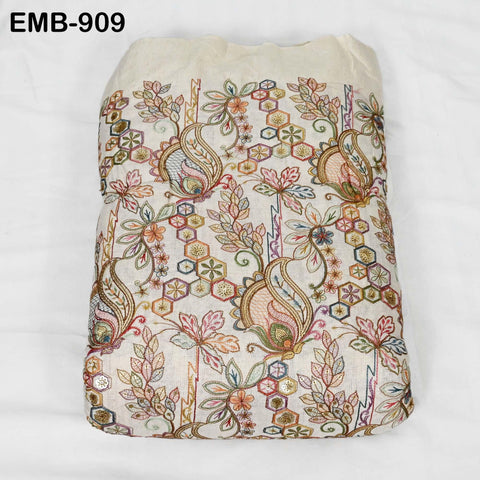 Beige Indian Embroidered Cotton Fabric by the Yard Flex Cotton Embroidery Summer Dresses Jackets Women Kids Bags Table Runner Sewing Craft