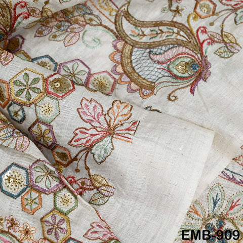 Beige Indian Embroidered Cotton Fabric by the Yard Flex Cotton Embroidery Summer Dresses Jackets Women Kids Bags Table Runner Sewing Craft