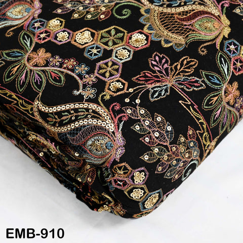 Black Indian Embroidered Cotton Fabric by the Yard Flex Cotton Embroidery Summer Dresses Jackets Women Kids Bags Table Runner Sewing Craft