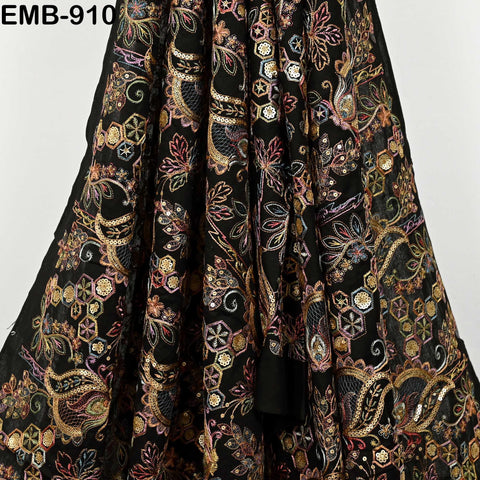 Black Indian Embroidered Cotton Fabric by the Yard Flex Cotton Embroidery Summer Dresses Jackets Women Kids Bags Table Runner Sewing Craft