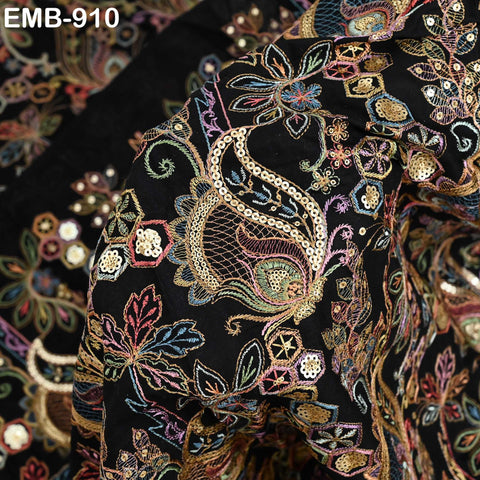 Black Indian Embroidered Cotton Fabric by the Yard Flex Cotton Embroidery Summer Dresses Jackets Women Kids Bags Table Runner Sewing Craft