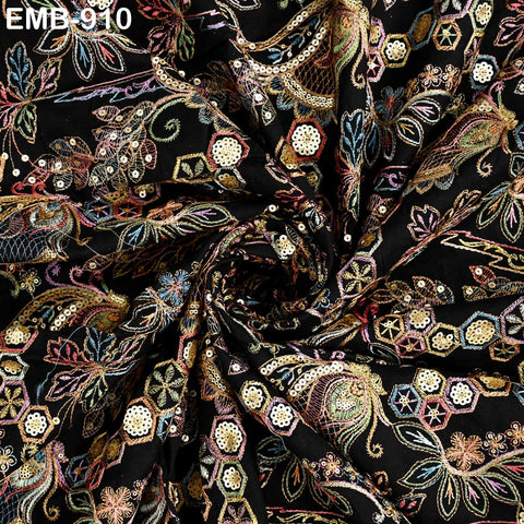 Black Indian Embroidered Cotton Fabric by the Yard Flex Cotton Embroidery Summer Dresses Jackets Women Kids Bags Table Runner Sewing Craft