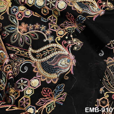 Black Indian Embroidered Cotton Fabric by the Yard Flex Cotton Embroidery Summer Dresses Jackets Women Kids Bags Table Runner Sewing Craft