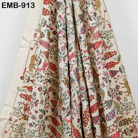 Indian Embroidered Unbleached Cotton Fabric by the Yard Flex Cotton Embroidery Summer Jackets Women Dresses Kids Bags Table Runner Sewing